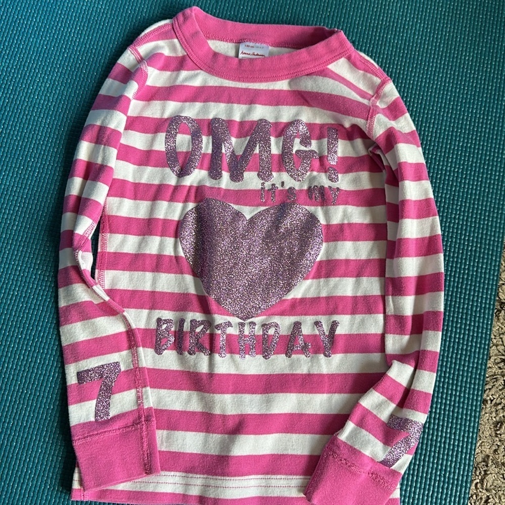Hanna Andersson Pink White Stripe Purple Glitter Birthday Heart 7 Shirt 6 7